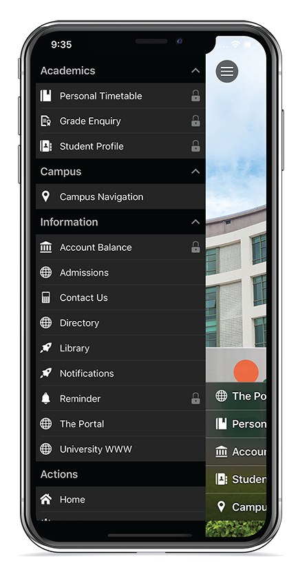 Mobile app menu screenshot Mobile app menu screenshot